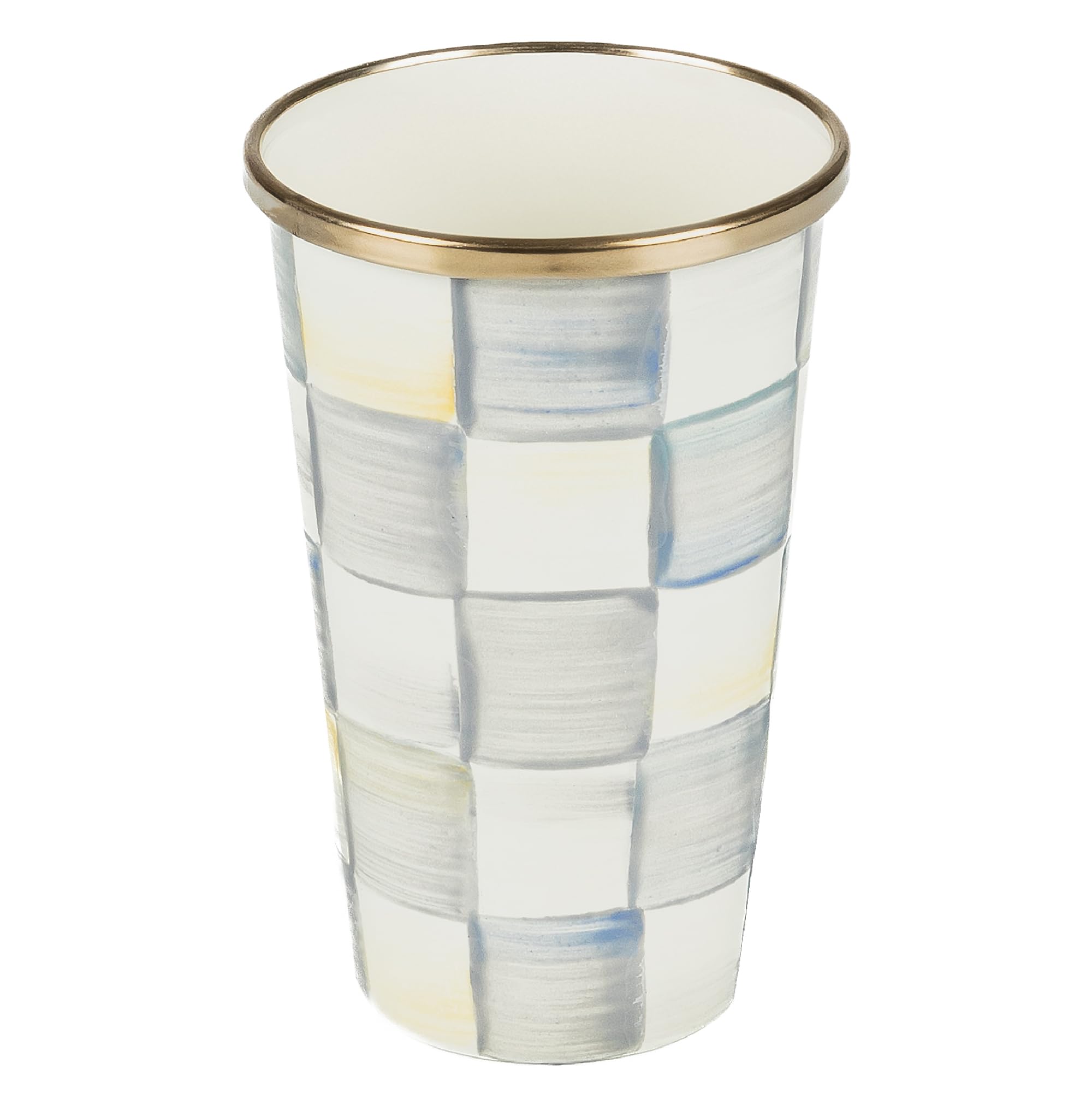 MACKENZIE-CHILDS Enamel Tumbler, Open Tumbler Cup, Cute Enamelware Cup, 10 Ounces, Gray-and-White Sterling Check