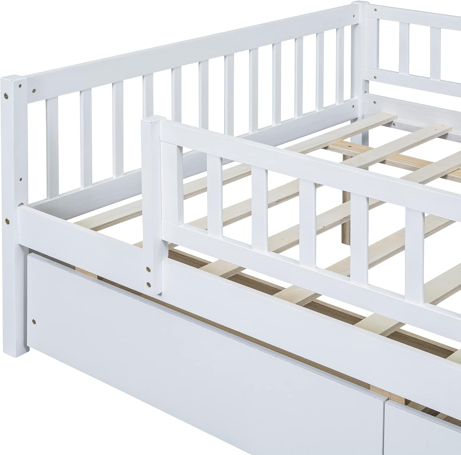 Full Size Bed Frame with Fence Railings and Storage Drawers, Wooden Montessori Style Kids Beds with Slats Support, Dual-use Daybed for Bedroom and Living Room, White
