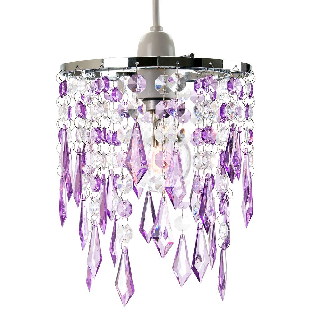 Modern Waterfall Pendant Light Shade - Clear & Purple Acrylic Drops, 22cm Height x 16cm Diameter - Purple