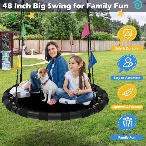 Image of HeyZoo Saucer Swing, 48 Inch Larger Swing Sets for Backyard and Outdoor Playground, 900lbs Weight Capacity, with 360 Degree Swivel, Gifts for Kids and Family, Black