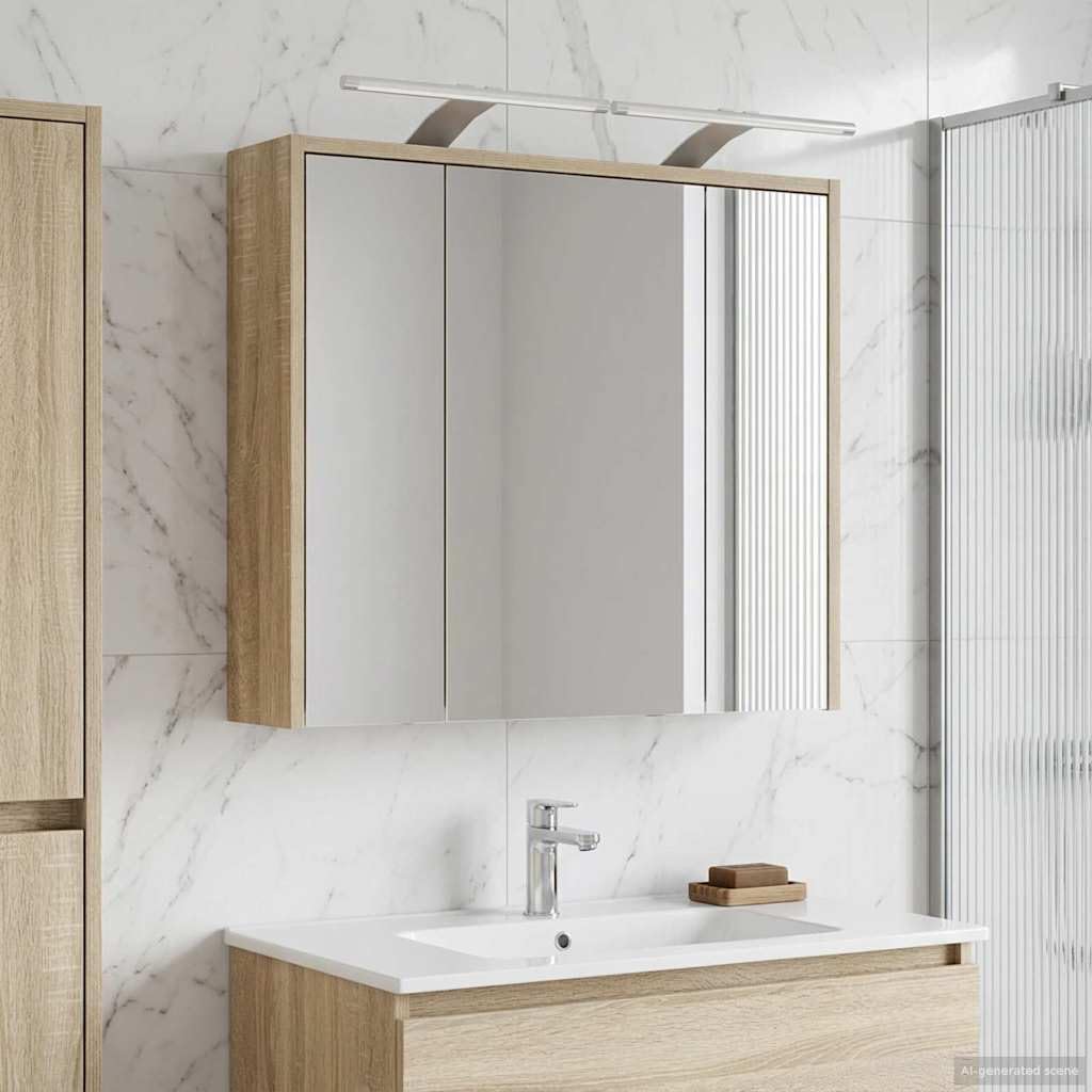 Szafka łazienkowa z lustrem Sonoma dąb z materiału drewnopochodnego 63,5 x 16 x 62,5 cm z regulowanymi półkami, oświetlenie LED, montowana na ścianie, miejsce do przechowywania szafki pod