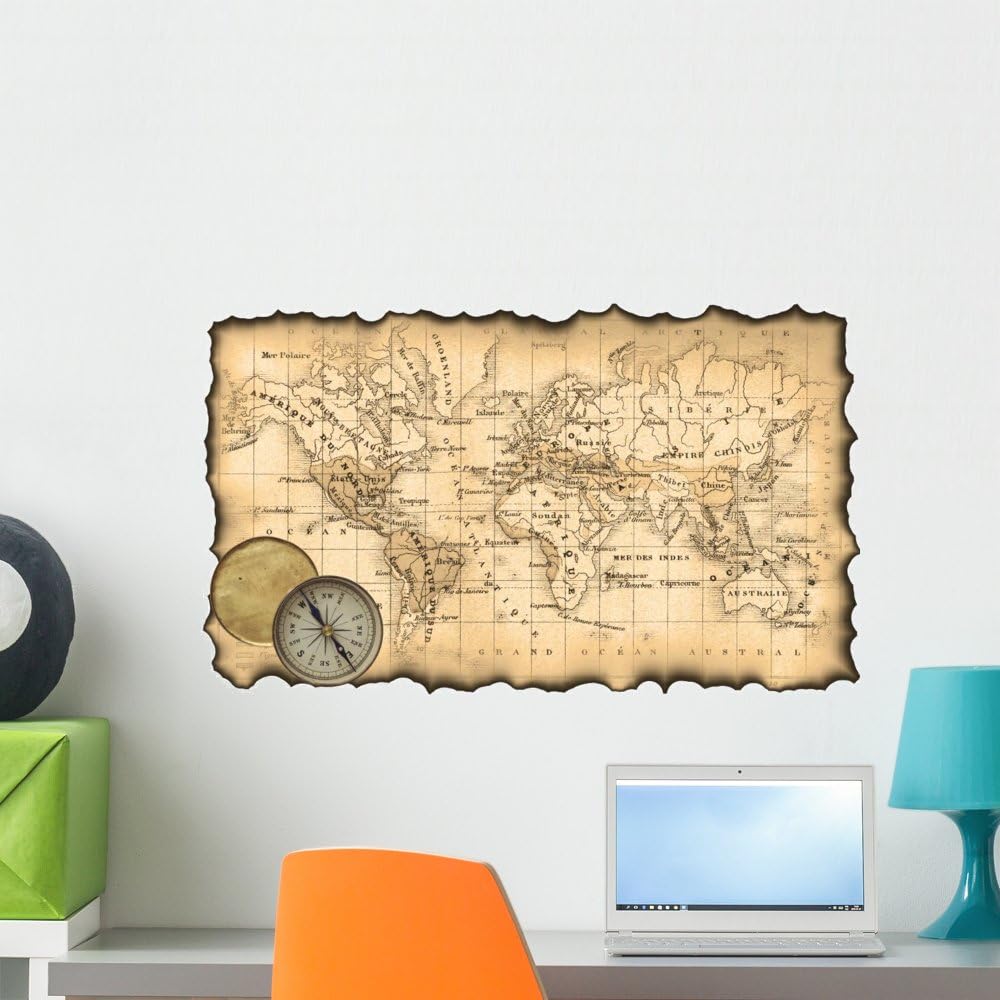Wallmonkeys FOT-7598362-24 WM309629 Ancient Map of The World Compass Peel and Stick Wall Decals, 24" W x 14" H-Medium