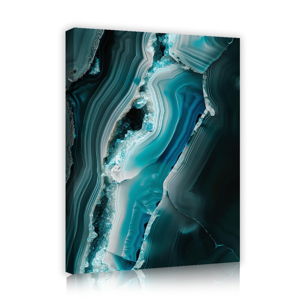 TOANGWALL Dark Turquoise Canvas Wall Art Agate Crystal Mineral Geode Slice Luxury Layered Waves Pattern Print Modern Framed Mural Poster for Living Room Bed Hallway Decor 80x95cm
