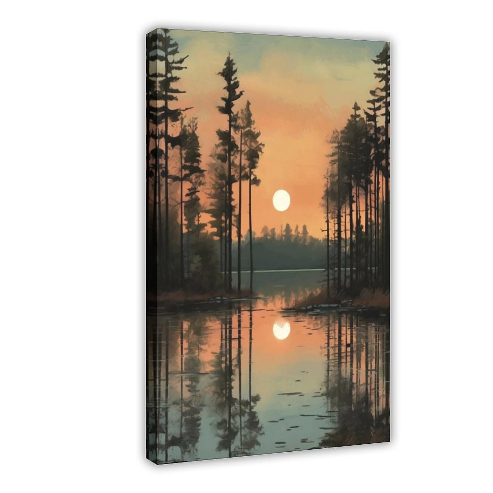 Bareronor Pine Forest Lake Reflection Canvas Poster Bedroom Decor Landscape Office Room Decor Gift 24" L X 36" W