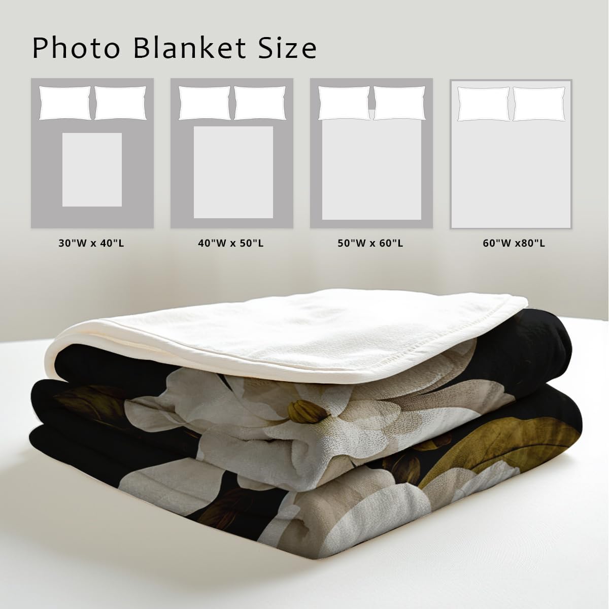 Magnolia Print Blanket Black and White Throw Soft Magnolia Flannel Blanket Flower Bedding Decor Gifts Botanical Floral Throw for Bed Couch (49"x59")