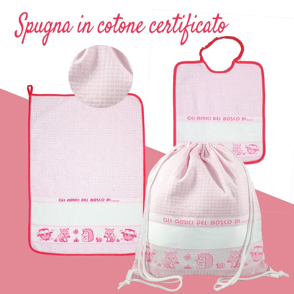 Bubabù SET ASILO PERSONALIZZATO BOSCO composto da 3 pezzi: bavaglino spugna con elastico cm.28x33, asciugamano cm.40x55, zainetto con fascia PERSONALIZZATI Cotone 100% Made in Italy
