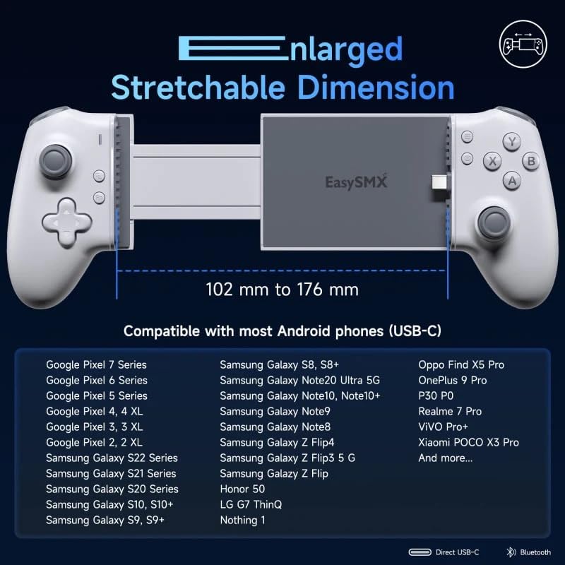 Diagram showing the stretchable dimension of the controller from 102mm to 176mm, with a list of compatible Android phone models.