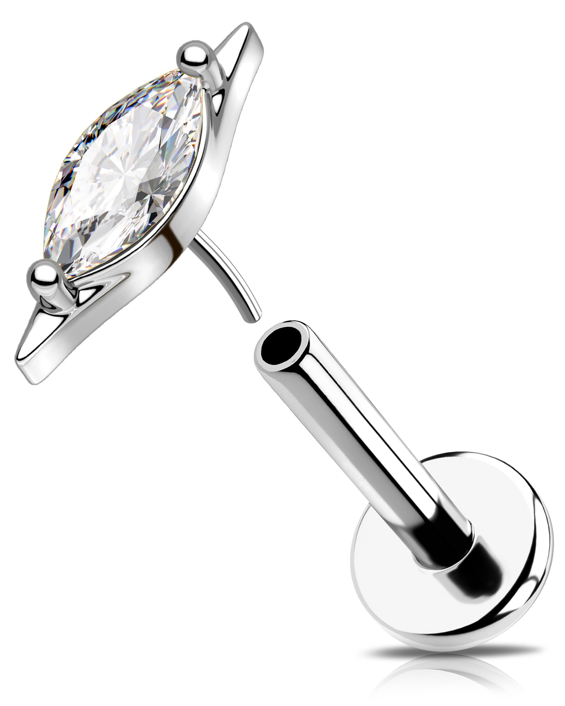 18G Gold Threadless Push in Nose Studs Titanium G23 Helix Tragus Earring Marquise Green CZ Nose Piercing Jewellery Small Vertical Labret Lip Bars for Women 6 mm