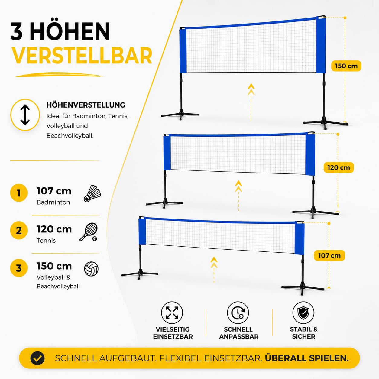 3,1 m faltbares Badmintonnetz - mit Tragetasche und höhenverstellbarem Ständer 107/105/150 cm Nylon Federballnetz für Federball Badminton Tennis Volleyball Beachvolleyball einfach auf und abbaubar