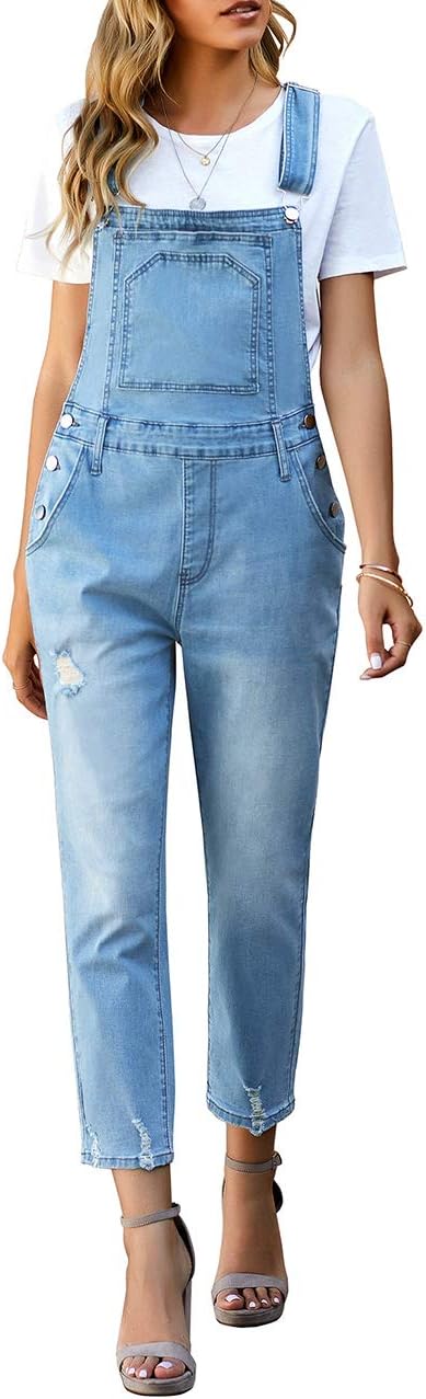 Vetinee Women's Frayed Hem Adjustable Straps Ripped Bib Denim Overalls Jeans Pants