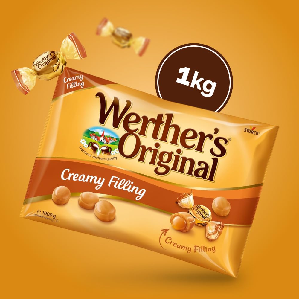 Werther's Original Caramelos Toffee con Relleno de Caramelo - Bolsa de 1kg - Sabor Clásico Cremoso - Sin Gluten y Aptos para Vegetarianos - Ideales para Picar, Compartir y Regalar