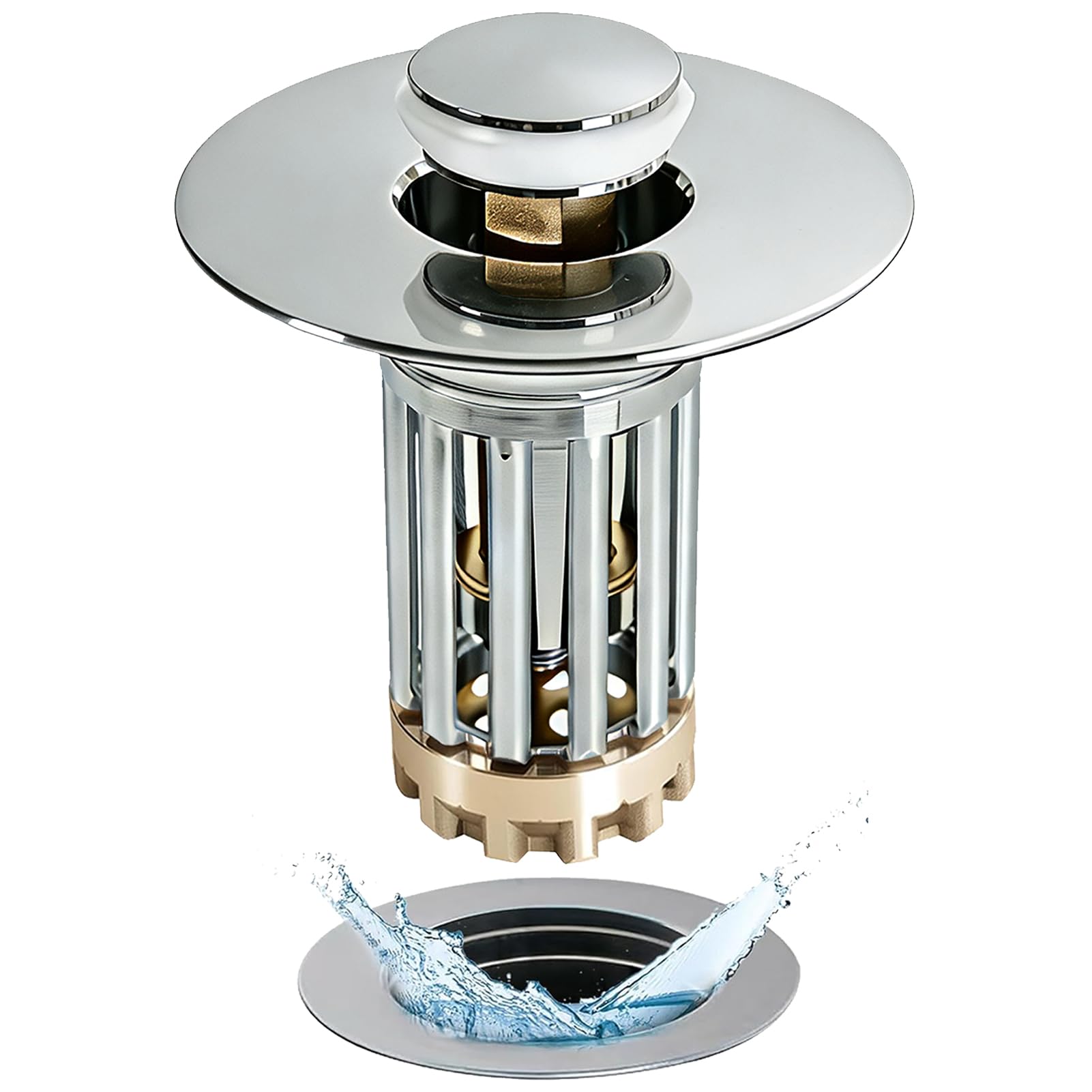 Anlige Bathroom Sink Drain Strainer, 3 in 1 Pop Up Bathroom Sink Stopper with Removable Brass Basket Hair Catcher, Universal Sink Plug for 1.06 to