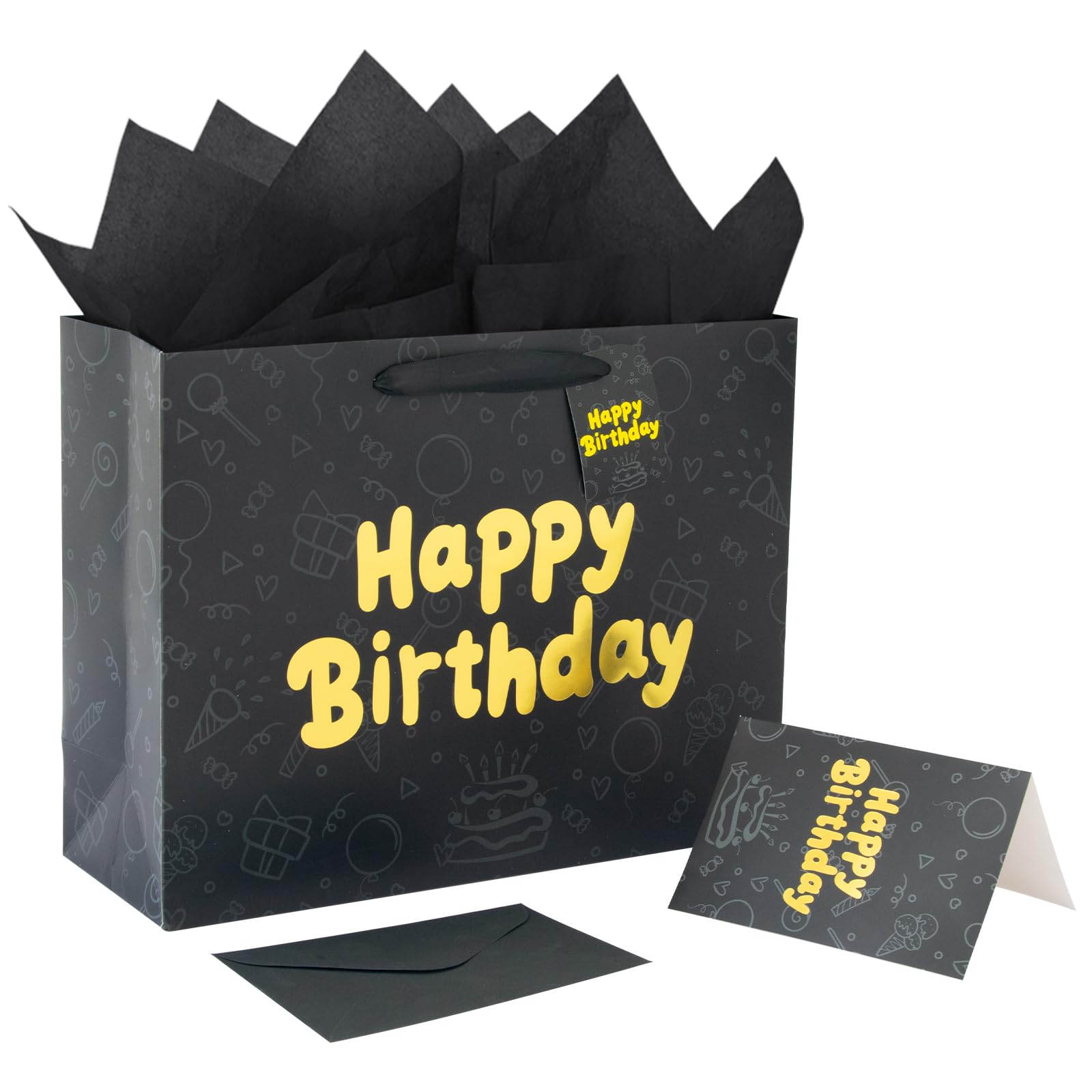 FOREVER 7 STAR Black Happy Birthday Gift Bag With Handles Tissue Papers and Greeting Card,13 Inch Medium Size for Birthday Perfect for Men,Dad,Boy