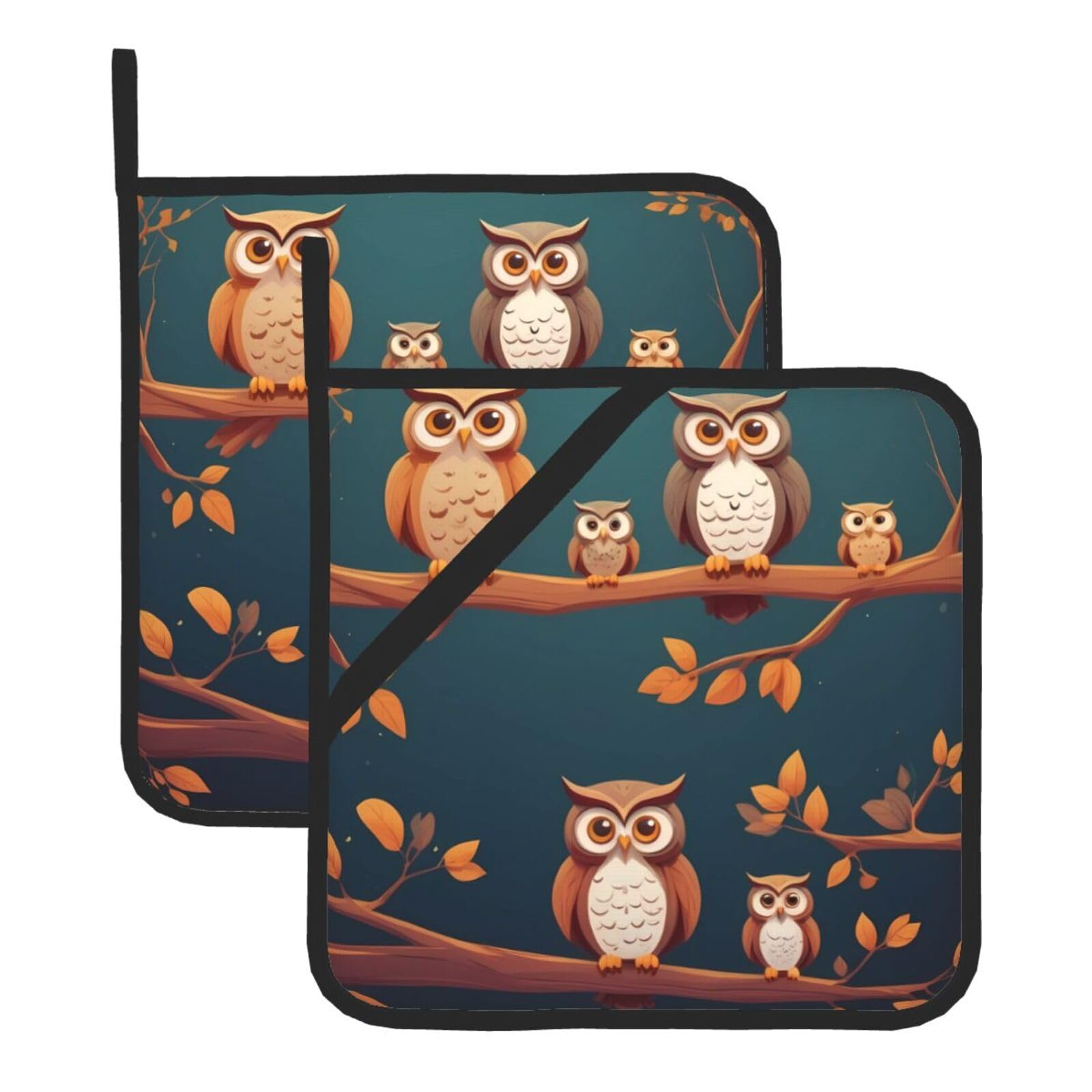 HJFCZH Owls On Tree Branches Printed Square Insulated Pot Mat Set (2-Piece) 8x8in Waterproof, Thickened & Easy to Clean with Lanyard Design for Kitchen, Oven & BBQ