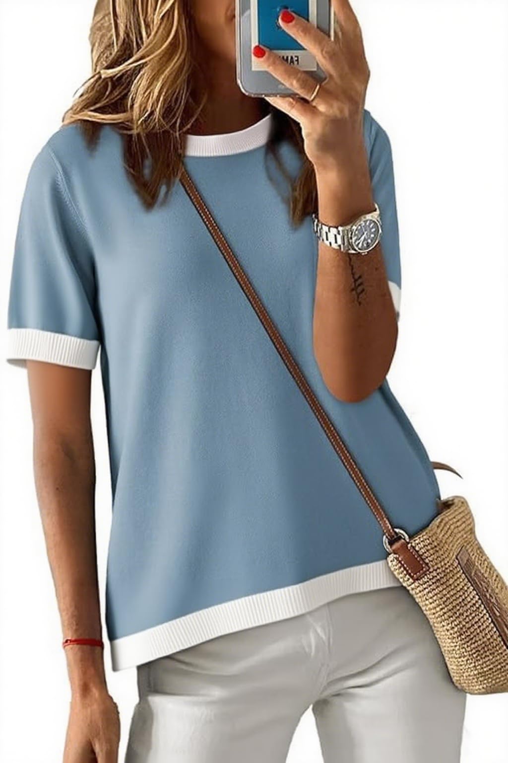 Womens Sweaters Casual Crewneck Short Sleeve Striped Color Block Knitted Cotton Trendy Pullover Sweater Tops