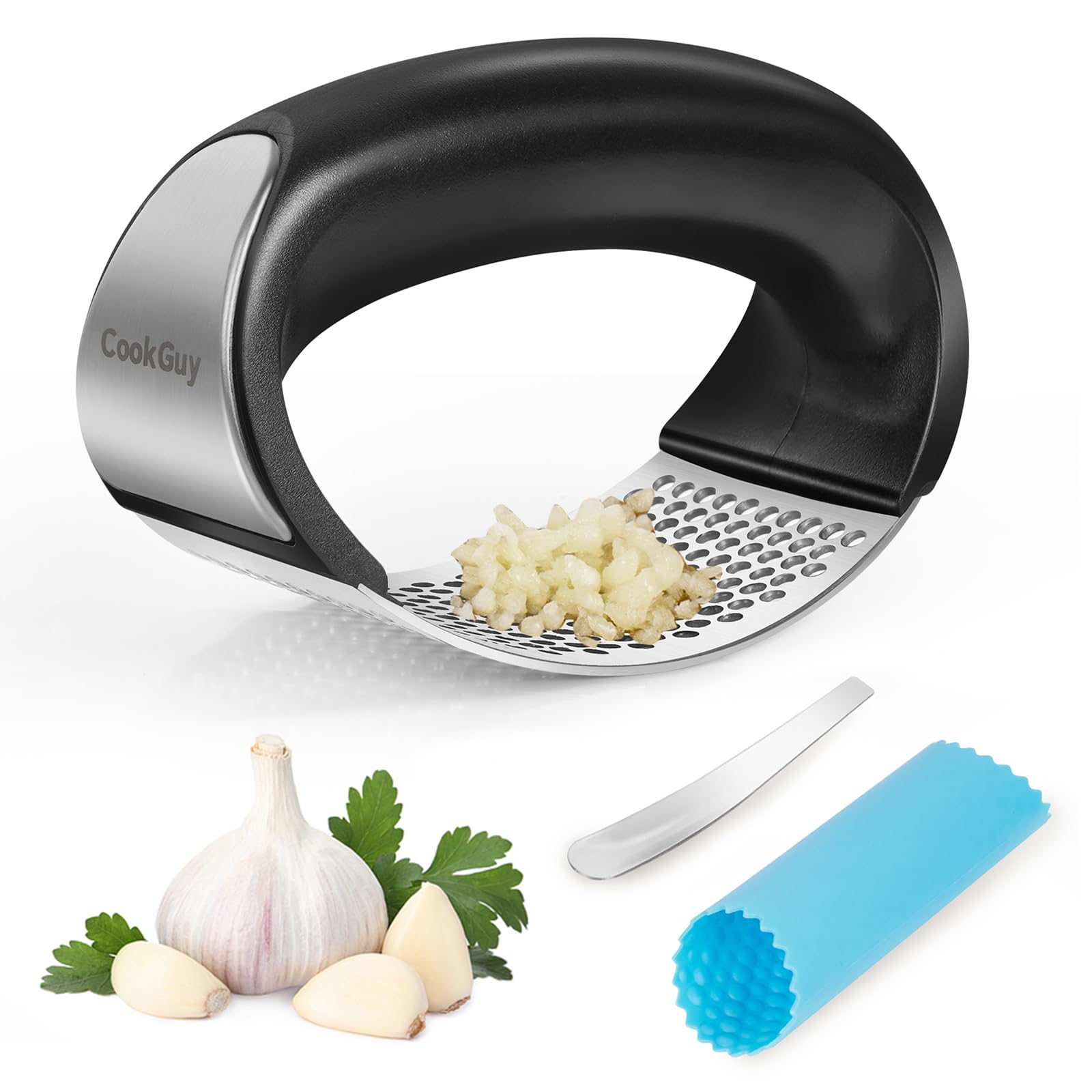 Cook Guy 304 Stainless Steel Garlic Press Rocker Set - Premium Garlic Mincer, Crusher, Peeler and Scraper Tool for Effortless Mincing - Comfortable Grip Garlic Grinder (Silver)