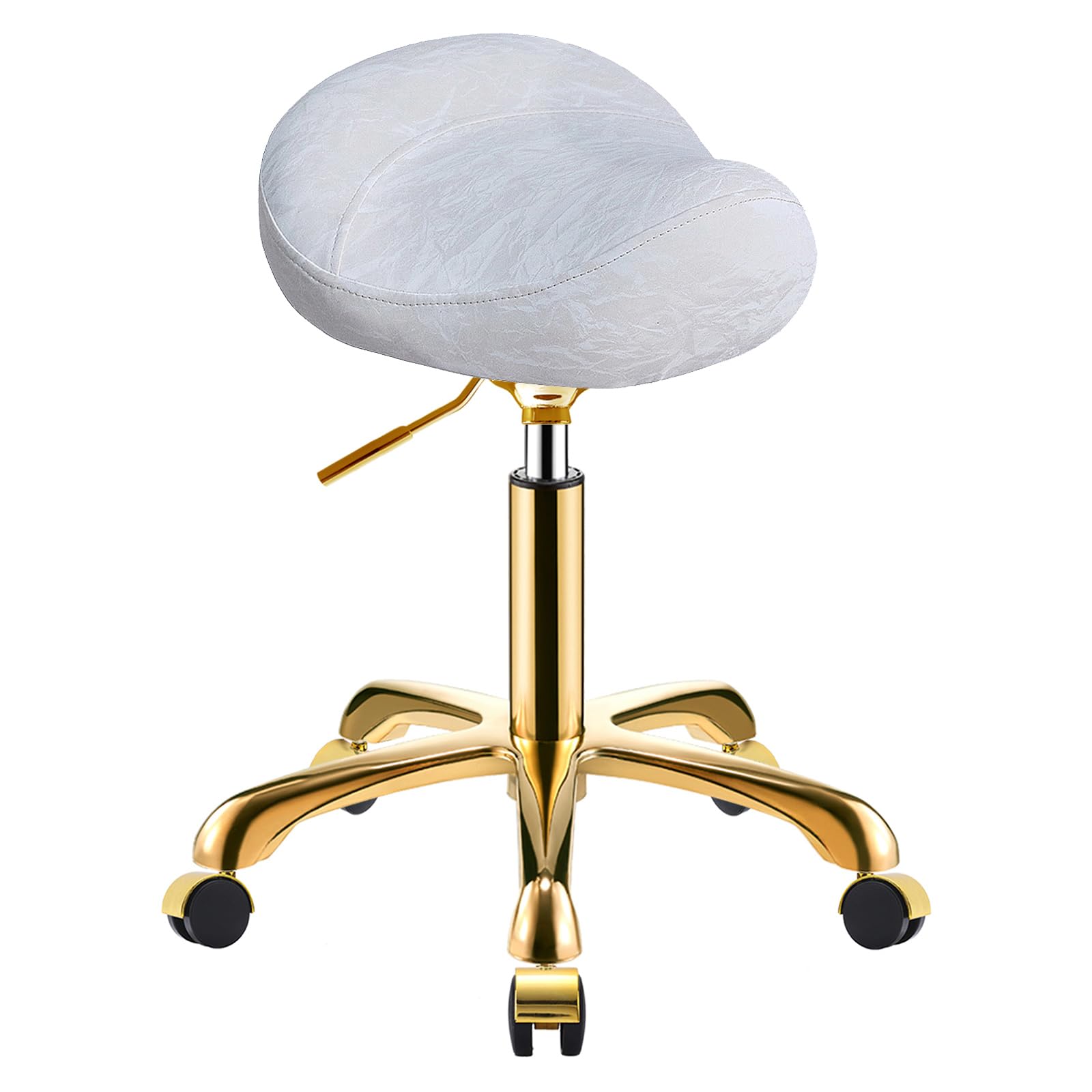 Dorado Taburete de Montar con Ruedas, Silla Tocador Banqueta Regulable, PU Cuero Patrón Glacial Giratoria Banquillo para Salón y SPA (Oro + Blanco, Sin Respaldo)