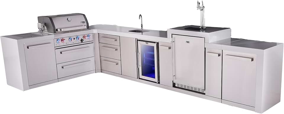 Mont Alpi Premium 4-Burner 82"x161" L-shaped 400 Deluxe Stainless Steel Modular Outdoor Kitchen Island BBQ Gas Grill + Beverage Center Faucet & Sink + Refrigerator + Kegerator + Cover + Rotisserie Kit