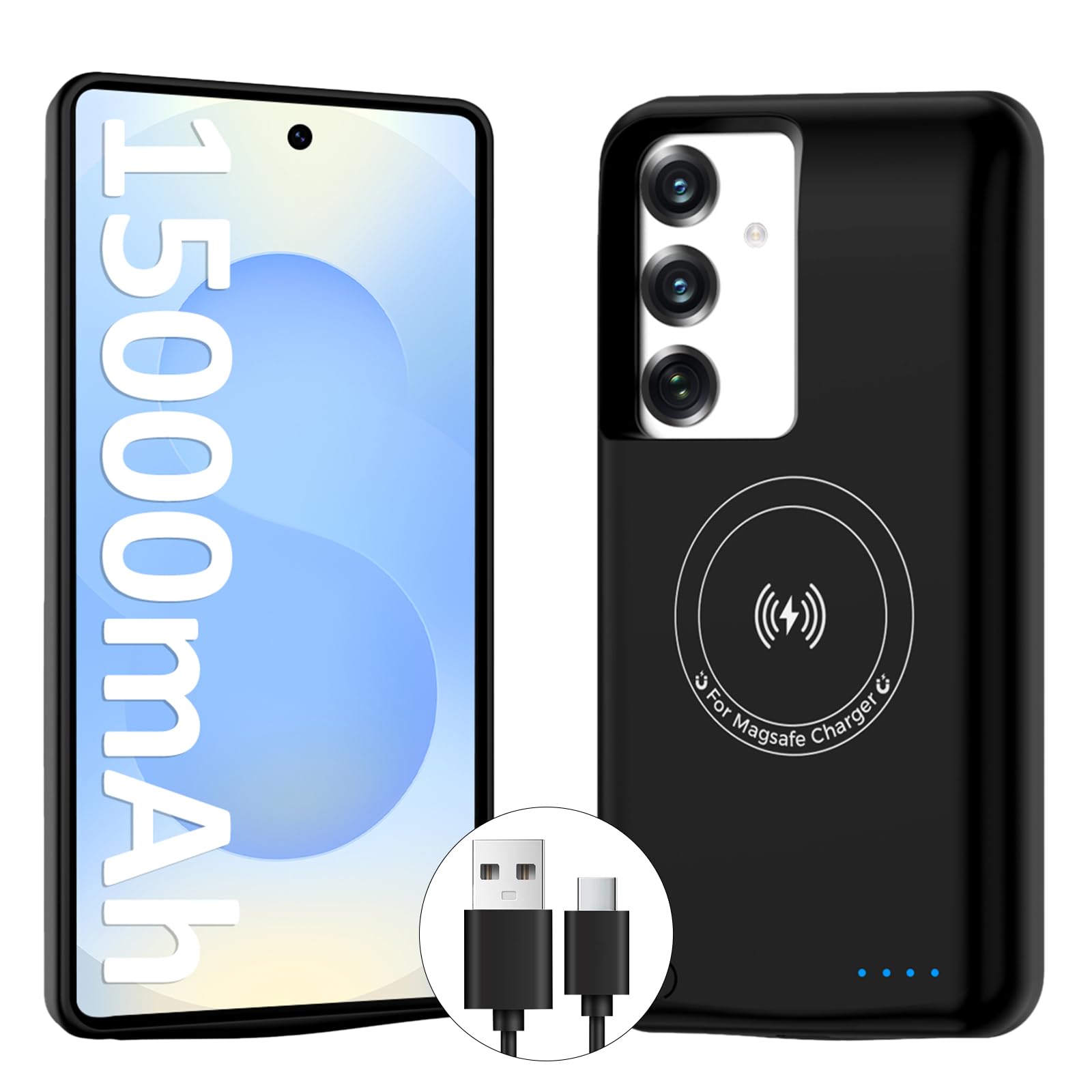 Etui na baterie do Samsung Galaxy S25/S24 (15000 mAh), szybka ładowarka GaN, przenośna ładowarka zapasowa Powerbank do galaxy s24, bezprzewodowa ładowarka z kablem USB-C 20 W (6,2 cala