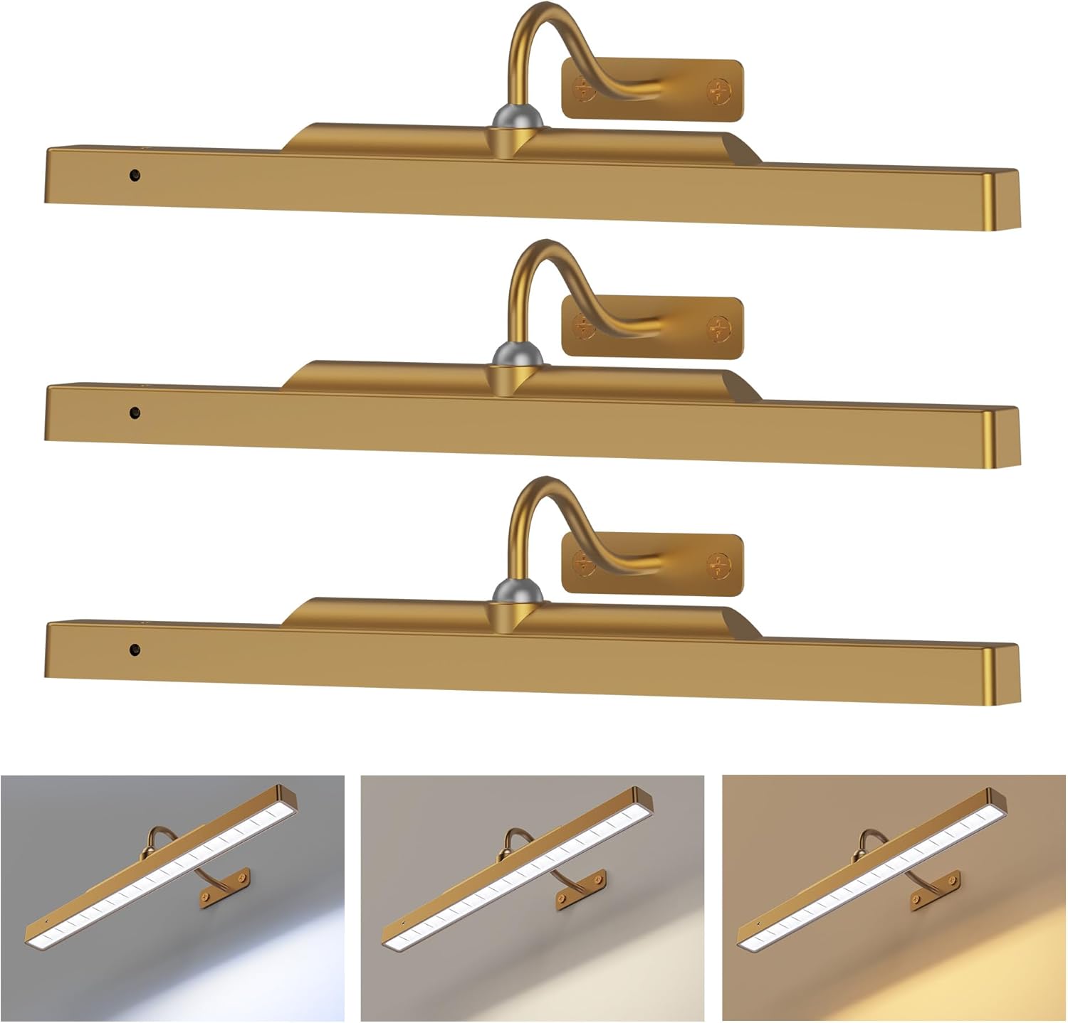 Picture Light Battery Rechargeable, 3Pack Picture Light for Wall with Remote, 3 Color Modes and Dimmable Classic Art Lights for Paintings, Pictures in Gallery, Bedroom, Bathroom with Timer Brass Brass 3 Pack