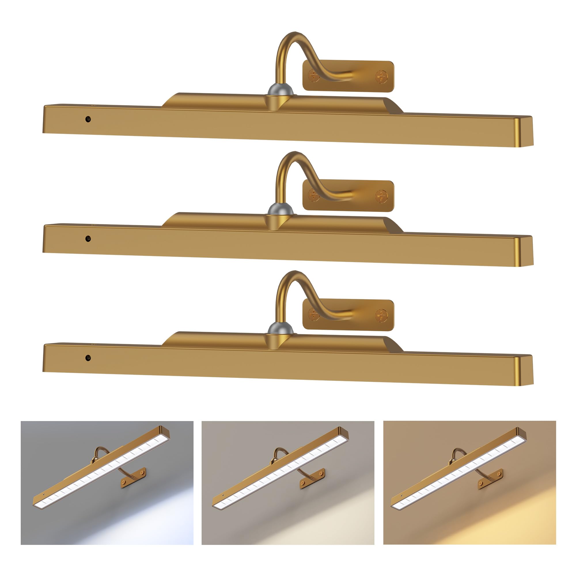 Picture Light Battery Operated, Brass Picture Light for Wall with Remote Control, CCT Dimmable Wall Art Over Frame Lights for Paintings, Pictures in Gallery, Bedroom, Bathroom 3Pack — image 1