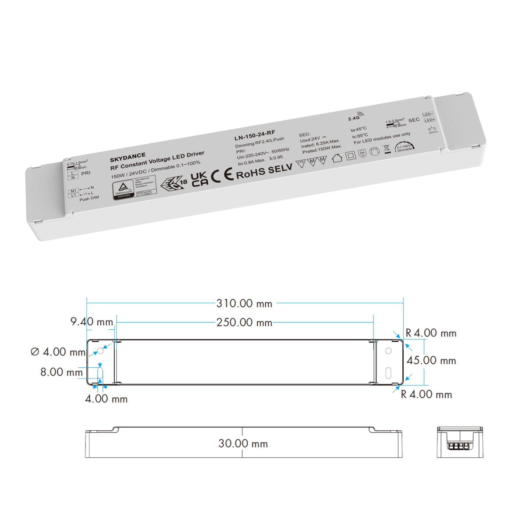 Fuente de alimentación LED 24 V regulable Push 150 W, transformador de tensión constante, ajustable con AC Push/botón y RF 2.4G, compatible con mando a distancia Skydance, regulador 0,1-100%, LN-150