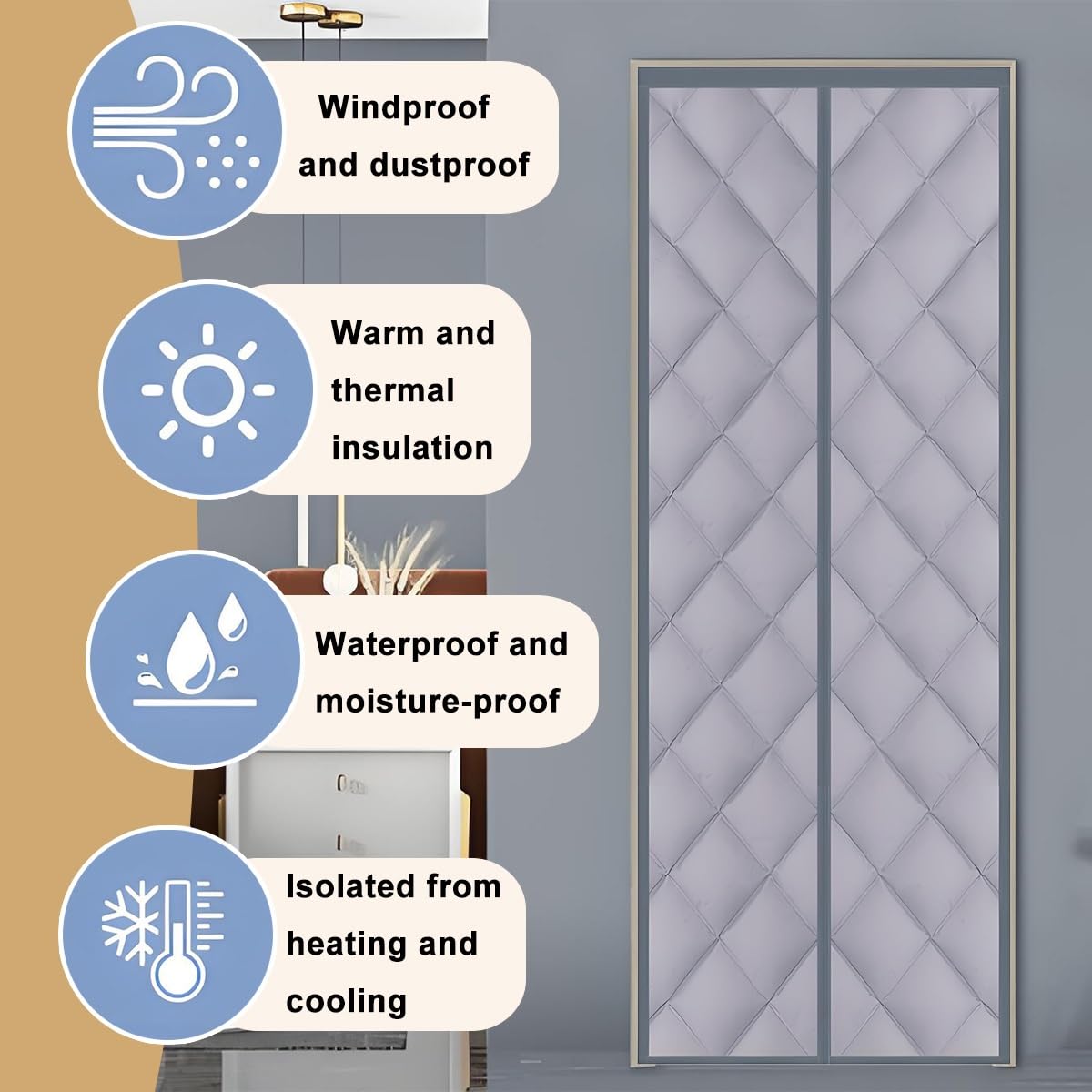 Rideau isolant thermique pour porte, Rideau de porte à isolation thermique magnétique en marron et gris, plusieurs tailles(Brown,140 * 220cm(55"x87"))
