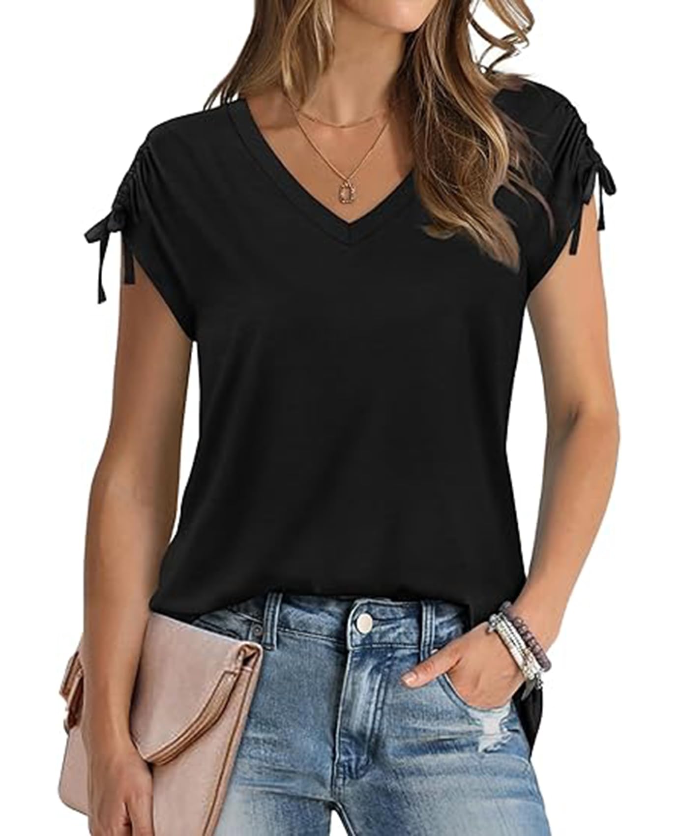 Womens Summer Going Out Tops Drawstrings Ruched Cap Sleeve V Neck Casual Basic T-Shirts