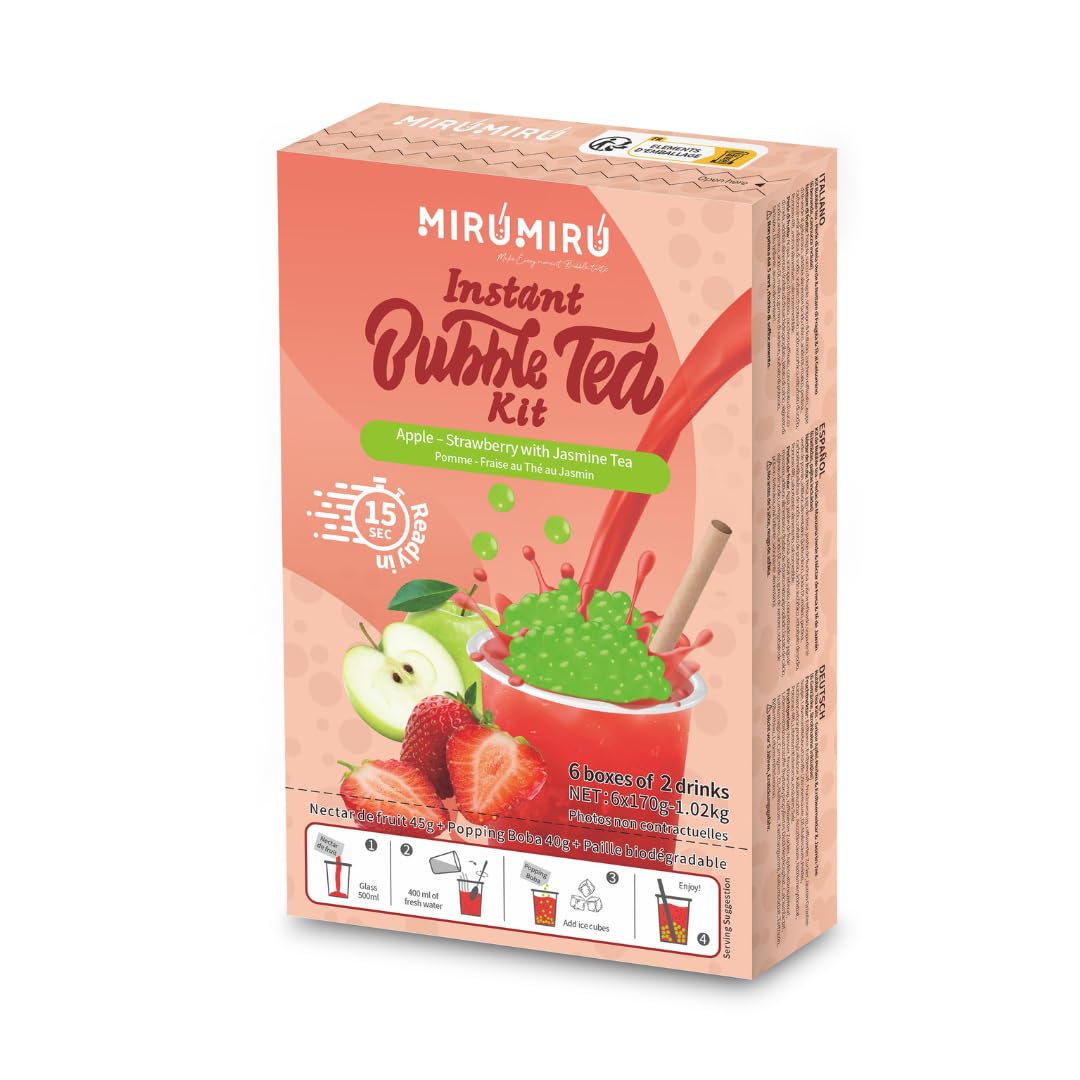 MiruMiru- Bubble Tea Kits - Perle de Pomme Verte & Nectar de Fraise & Thé au Jasmin, boissons et pailles incluses (2 boissons)