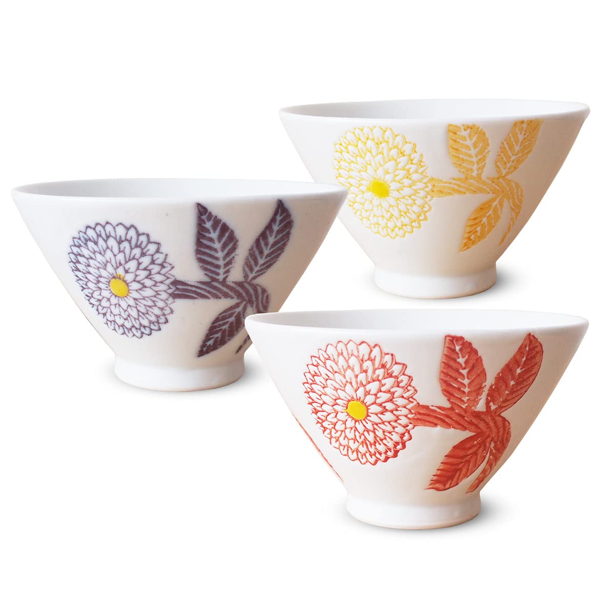 Hasami Ware Rice Bowl Set of 3 Dahlia Porcelain 4.3in Shozan Kiln Japan