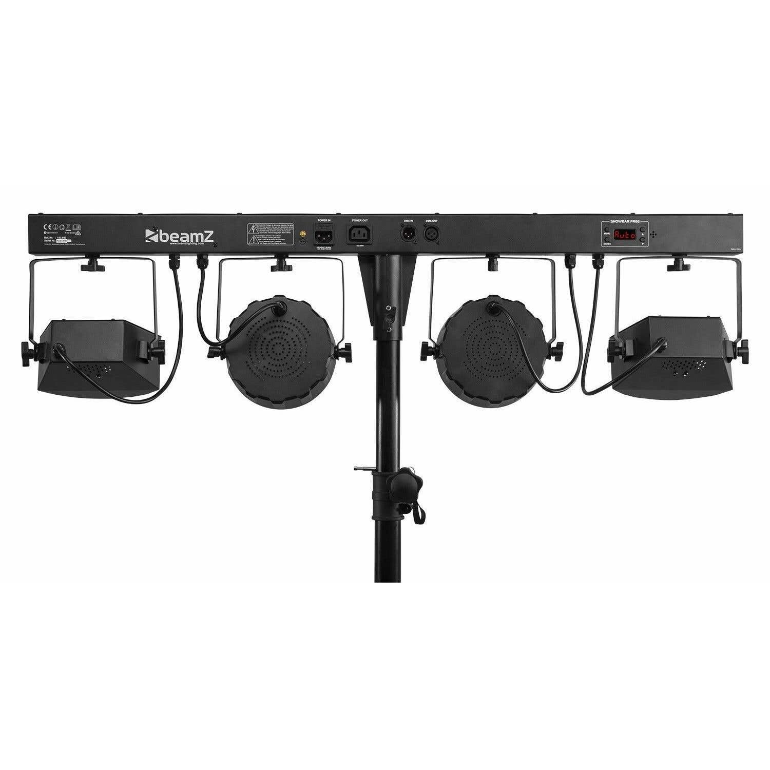 BeamZ Showbar FREE - Partybar Lichtanlage LED Bar DMX Disco Licht Party Lichter Discolicht Partylicht mit 2x PAR-Spots, 2x Derby-Lichteffekten und LED Strobo mit Fernbedienung und Tasche