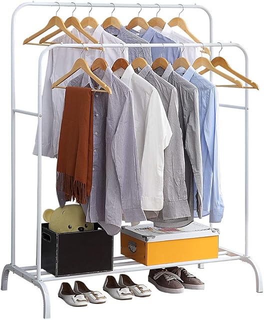 GISSAR Clothing Double Rod Garment Rack with Shelves, Metal Hang Dry Clothes Rail for Hanging Clothes,with Top Rod Organizer Shirt and Lower Storage Shelf for Boxes Shoes Boots,White