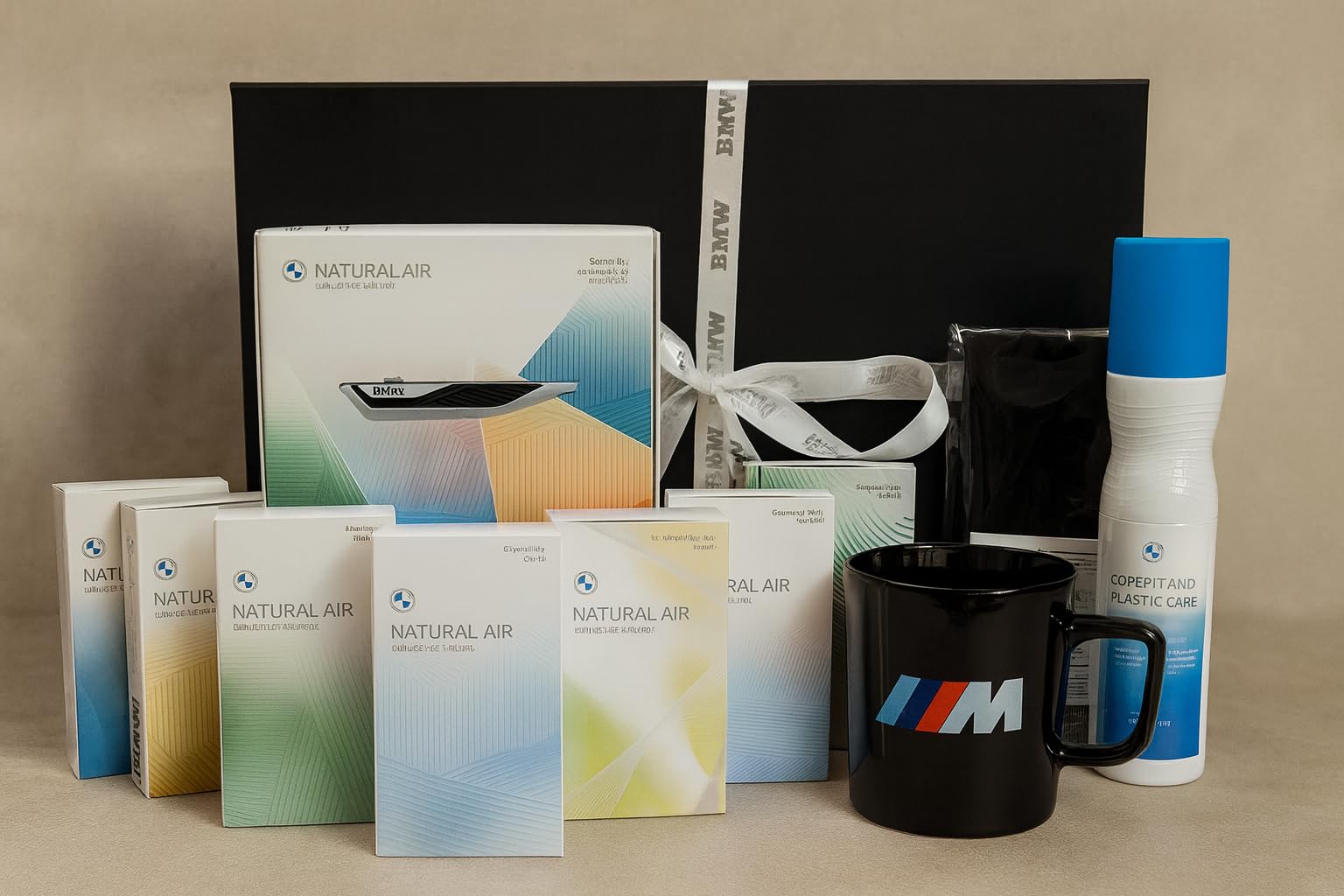 BMW Geschenkset Original Zubehör Box – Natural Air Starter-Kit + 7 Düfte + M Tasse + Cockpit-Pflege + Displaytuch