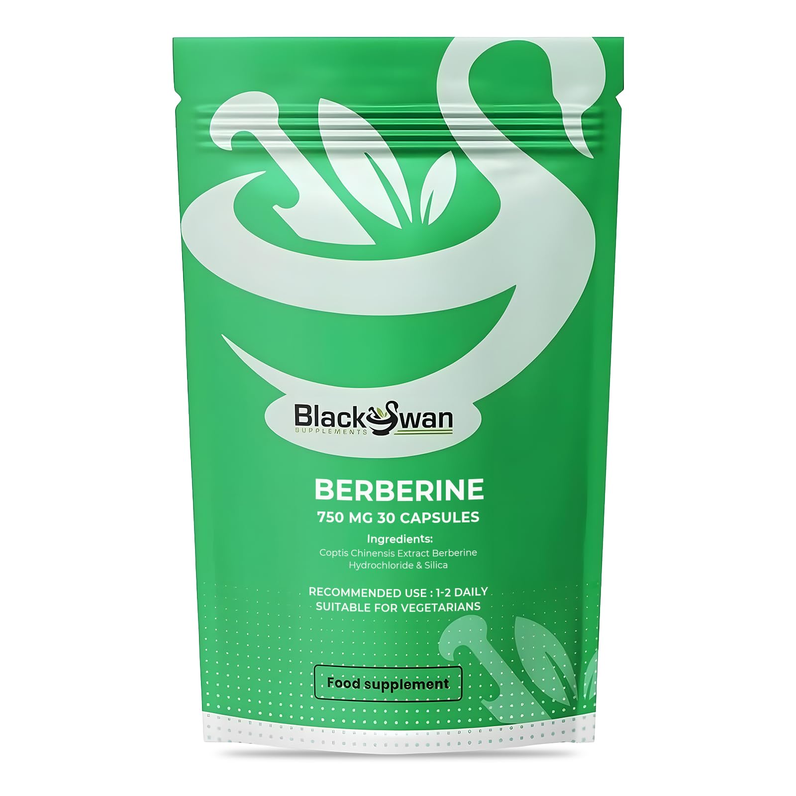 Black Swan Berberine Supplement 750mg Capsules - Pure Berberine HCL High Strength Supplement - Berberine Weight Loss Vegan Formulated Capsule Anti-oxidant and Anti-inflammatory - 30 Capsules