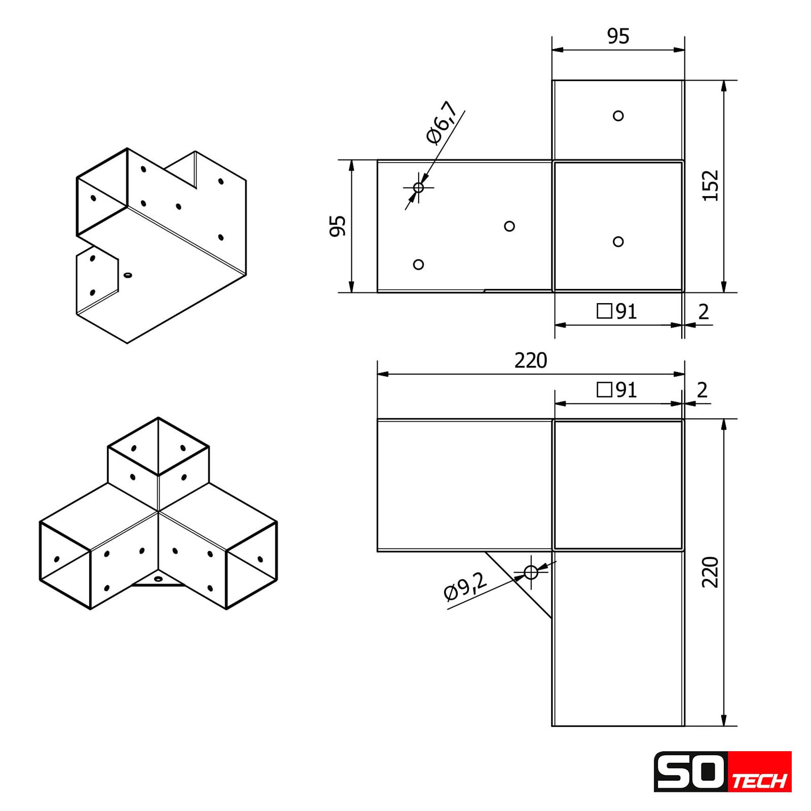SOTECH Conector de esquina 90 x 90 mm (conector de 3 vías) de acero cuadrado galvanizado y recubierto de polvo negro para una máxima protección contra la corrosión