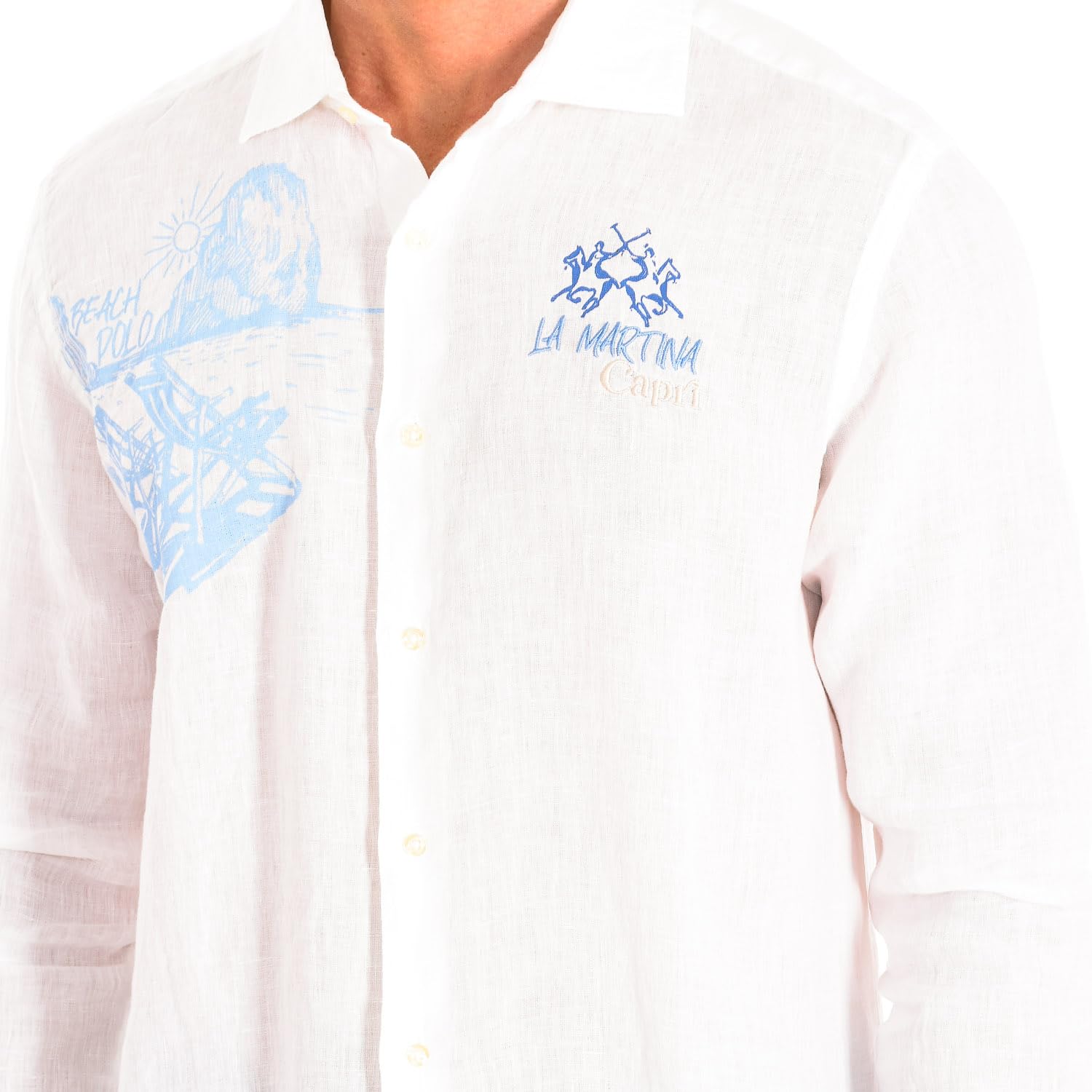 La Martina - Camisa de Hombre de Lino, Manga Larga, Corte Regular, Blanco Óptico, Man