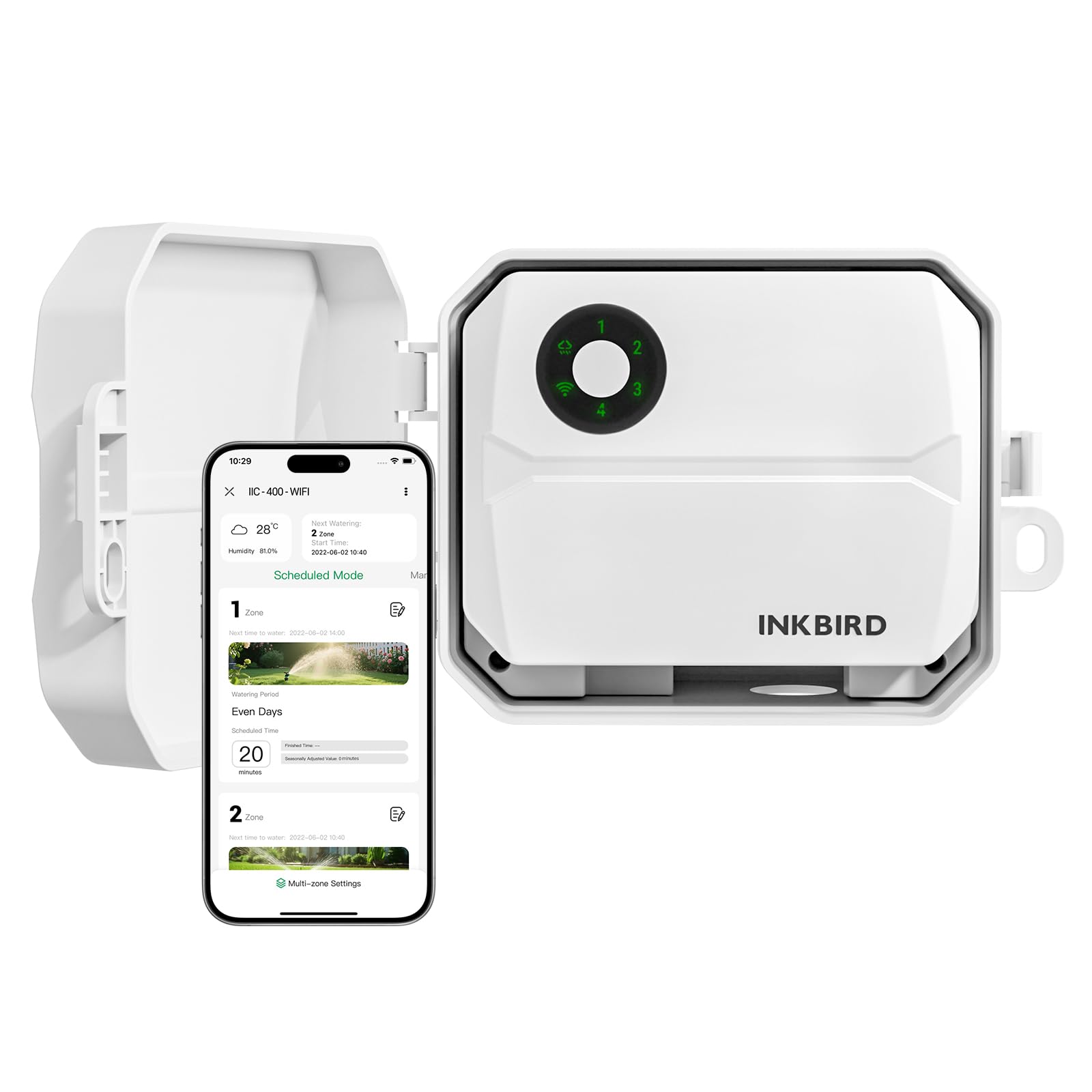 Inkbird IIC-400 Centralina Irrigazione WiFi 4 Zone con Scatola Impermeabile | Irrigazione Automatica WiFi per Giardino,Memoria Non Volatile Integrata,Supporto Sensore di Pioggia e Modalità Manuale