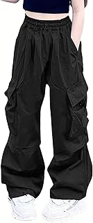 Girls Cargo Pants Elastic Waist Drawstring with Pockets Pants, 6-14 Years