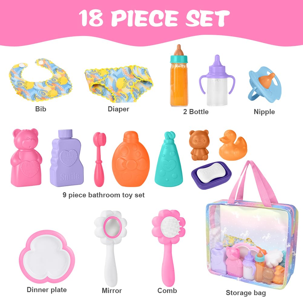 Aolso 18PZ Accessori per Bambole, Biberon Magico per Bambini e Ciucci, Set di Piatti e Posate per Bambole, Set Accessori Bagno per Bambola, dal Momento della Pappa a Quello del Bagnetto, Idee Regalo