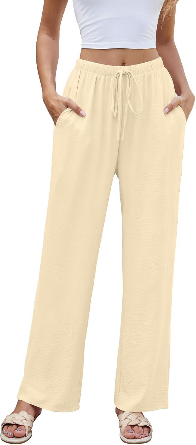 NILOUFO Women Summer Casual High Waist Wide Leg Pants Fashion Lightweight Flowy Boho Beach Trousers with Pockets