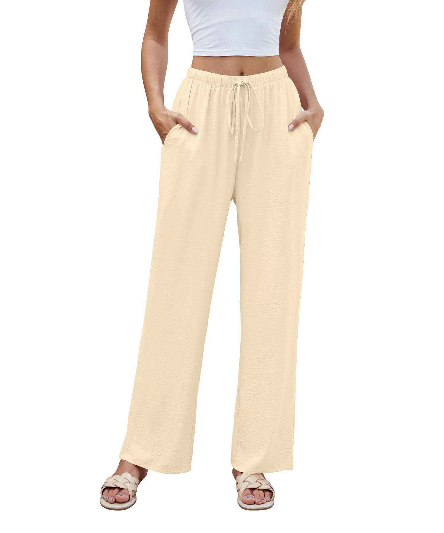 NILOUFO Women Summer Casual High Waist Wide Leg Pants Fashion Lightweight Flowy Boho Beach Trousers with Pockets