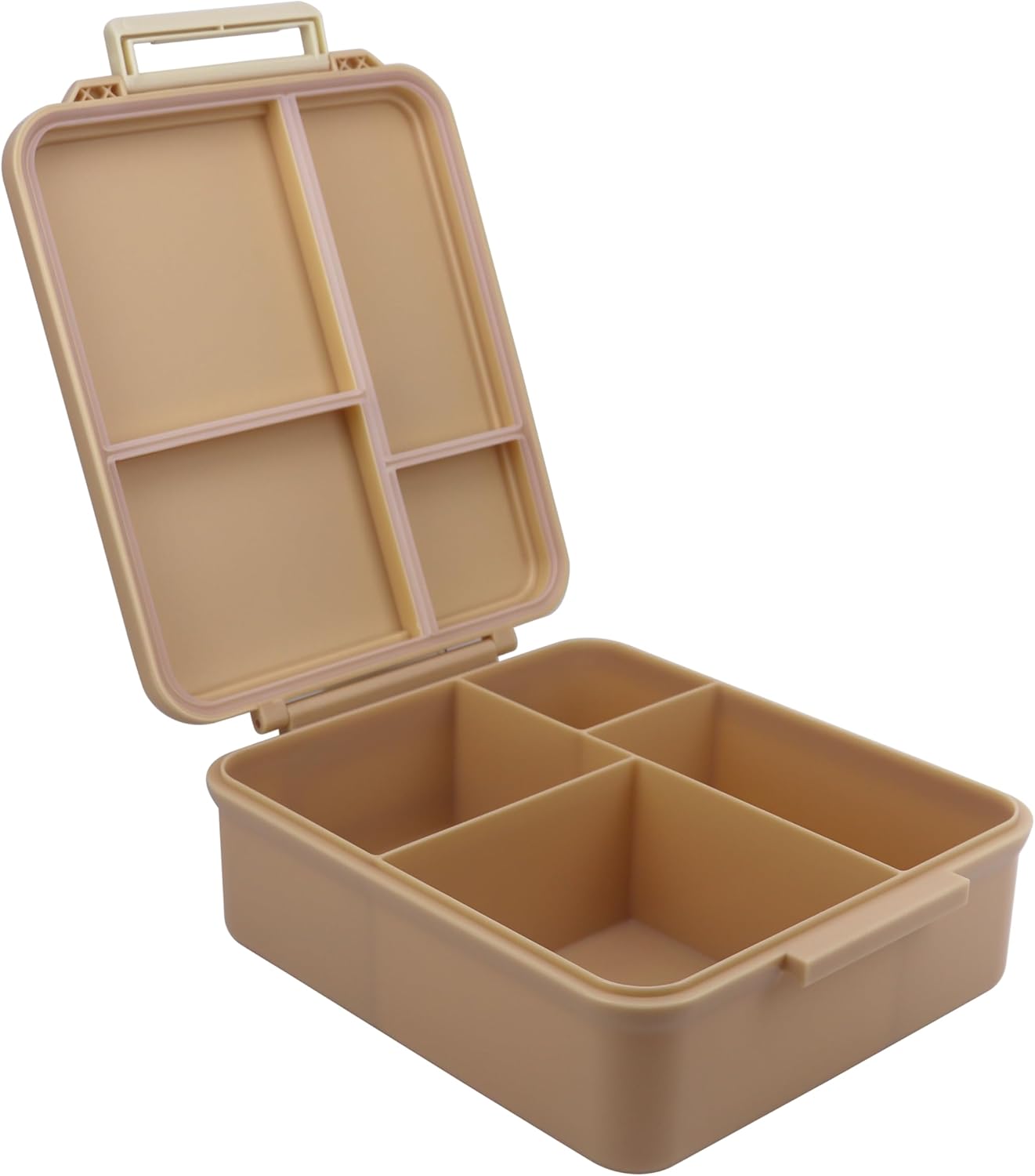 Bento Mega Lunch Box, carrying handle – 4 No-Mix Compartments | Microwave & Dishwasher Safe | for Adult, Preschool, School 1600ML, OZ (Brown Latte ClevaNeckee Friend)