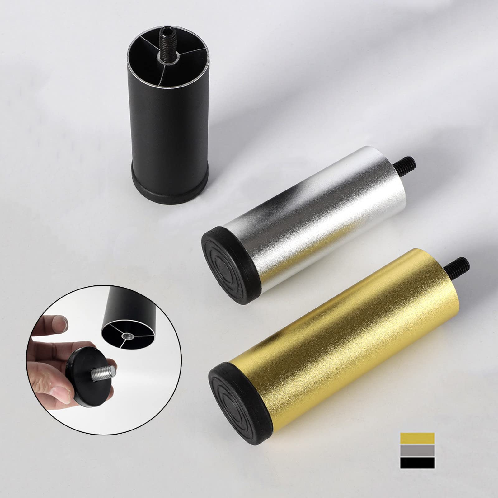 4 szt. wymiennych nóżek meblowych do metalowej sofy, cylindrycznej, regulowanej wysokości, komody, szafki kuchennej, biurka, 10/15/20 cm, srebrne, 20 cm/7,9 cala