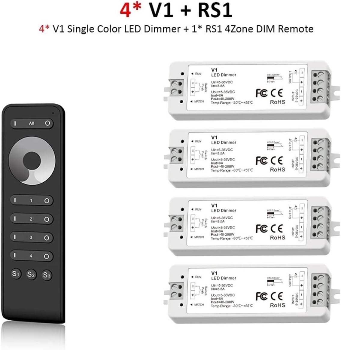 V1 LED Dimmer 12V 24V 36V RS1 4 Zone Single Color LED Light Strip Dimming Kit 2.4G LED Remote Button Switch Dimmer(RS1 and 4pcs V1 KIT)