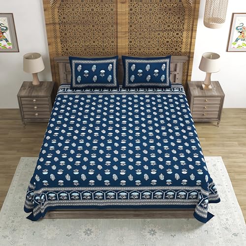 Image of BLOCKS OF INDIA Hand Block Printed 200 TC Cotton Super King Size Bedsheet(106 x 106) | Pack of 1, Batik Blue Flower