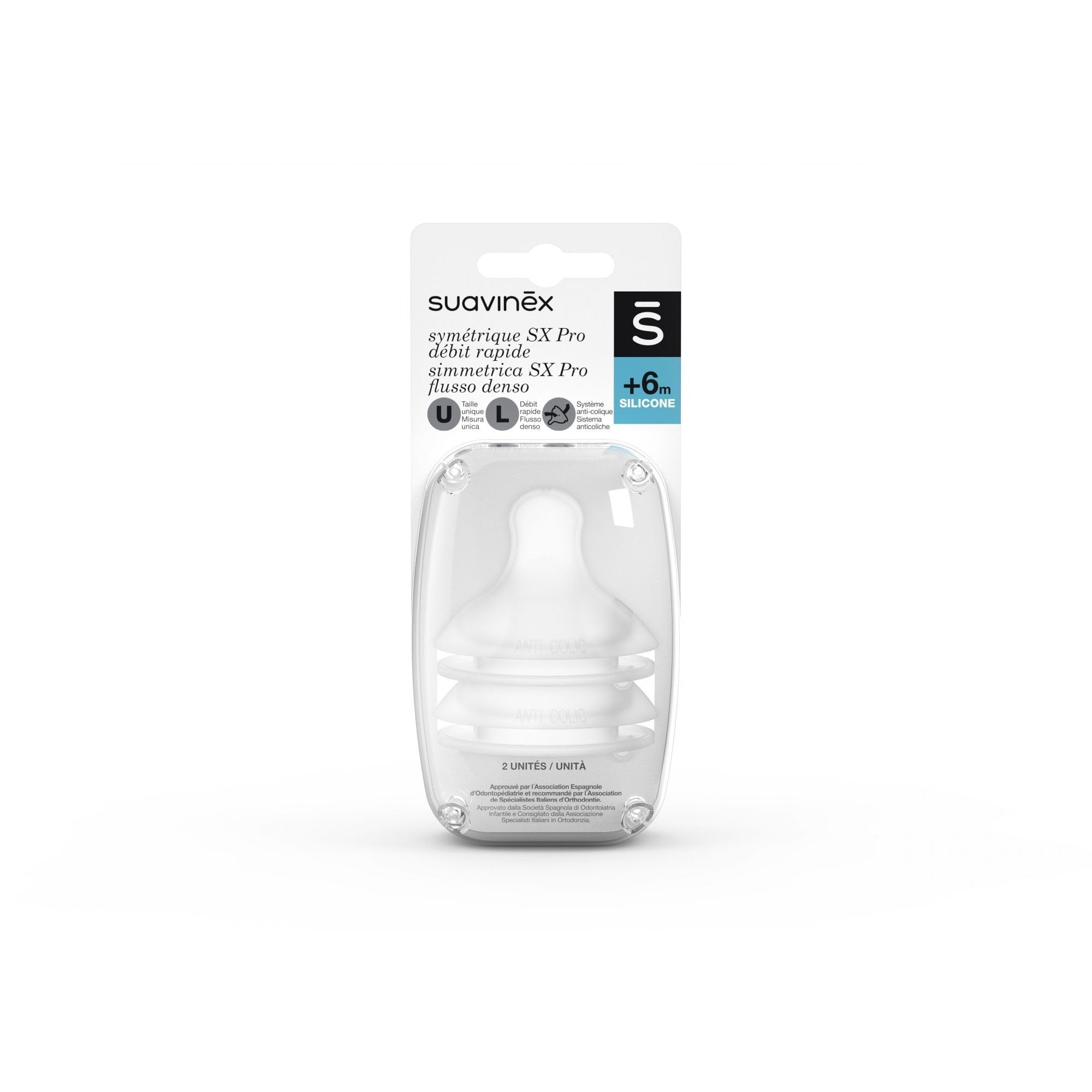 Suavinex 307388, Confezione 2 Tettarelle Simmetriche in Silicone SX Pro, Flusso Denso per Latte o Liquidi Densi, 6 Mesi, con Sistema Anticoliche