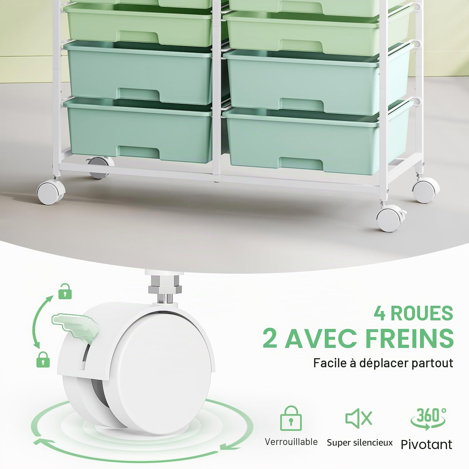 Chariot à 12 tiroirs SYKIARIOL - Rollcontainer - Chariot de rangement pour salle de bain - Chariot polyvalent pour loisirs créatifs, chariot à outils et chariot de rangement avec plan de travail