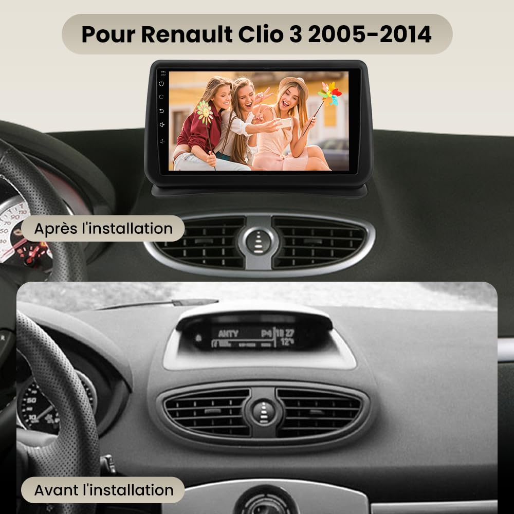 AWESAFE Autoradio pour Renault Clio III 2005-2014, 9 Pouces Écran Tactile HD, CarPlay & Android Auto sans Fil, Bluetooth, Caméra de recul, Commande au Volant, DSP, WiFi GPS
