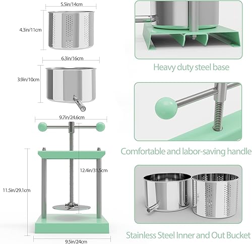 Miniatura 3 de EJWOX Prensa de vino manual verde con mango superior de 0.53 galones - Prensa de frutas y hierbas de acero inoxidable para jugo, sidra, tintura