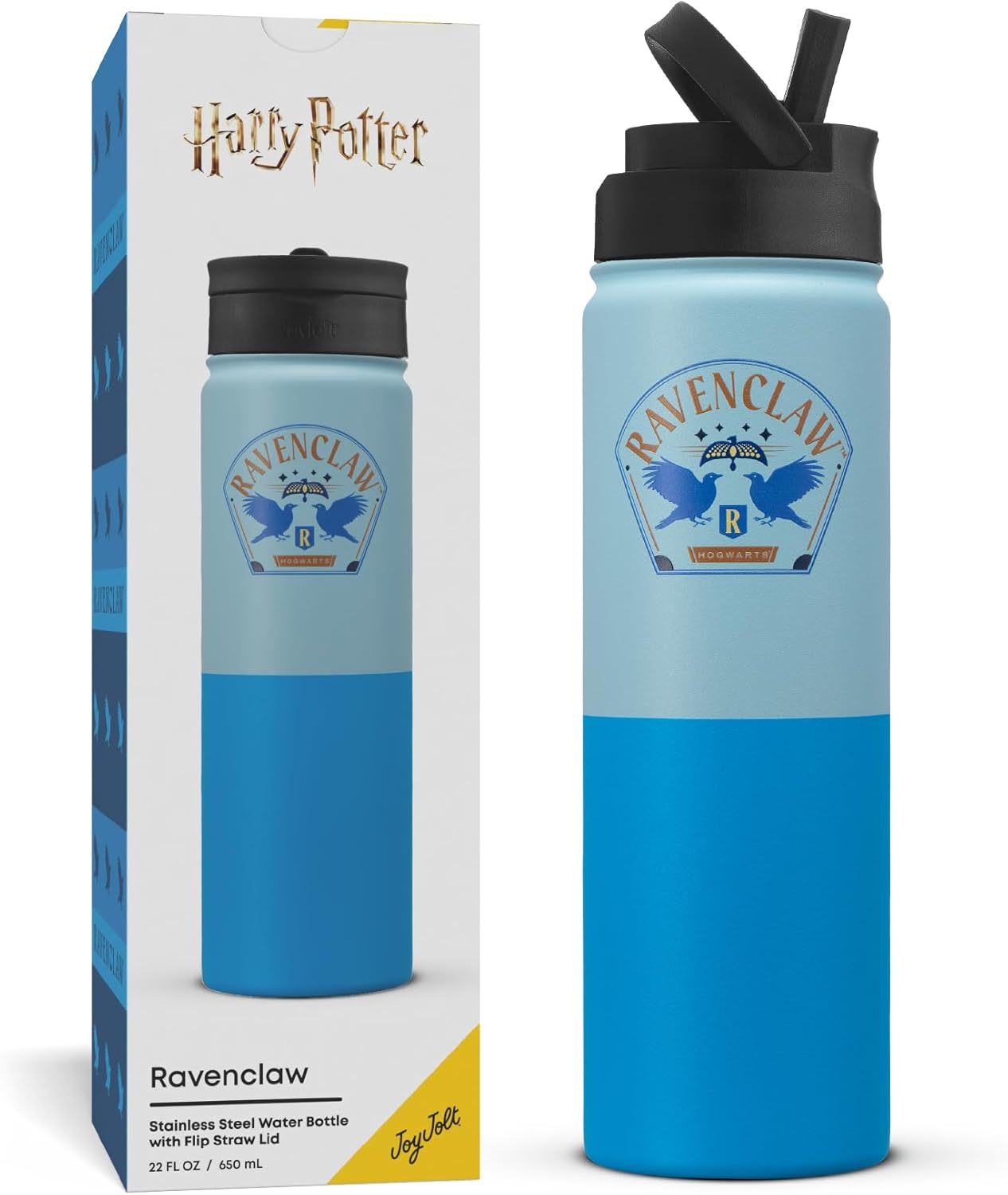 JoyJolt Harry Potter Ravenclaw Stainless Steel Water Bottle with Flip Straw Lid, 22 oz Vacuum Insulated Water Bottle, Blue Reusable BPA-Free Travel Tumbler, Harry Potter Gifts for Women Men Him Her